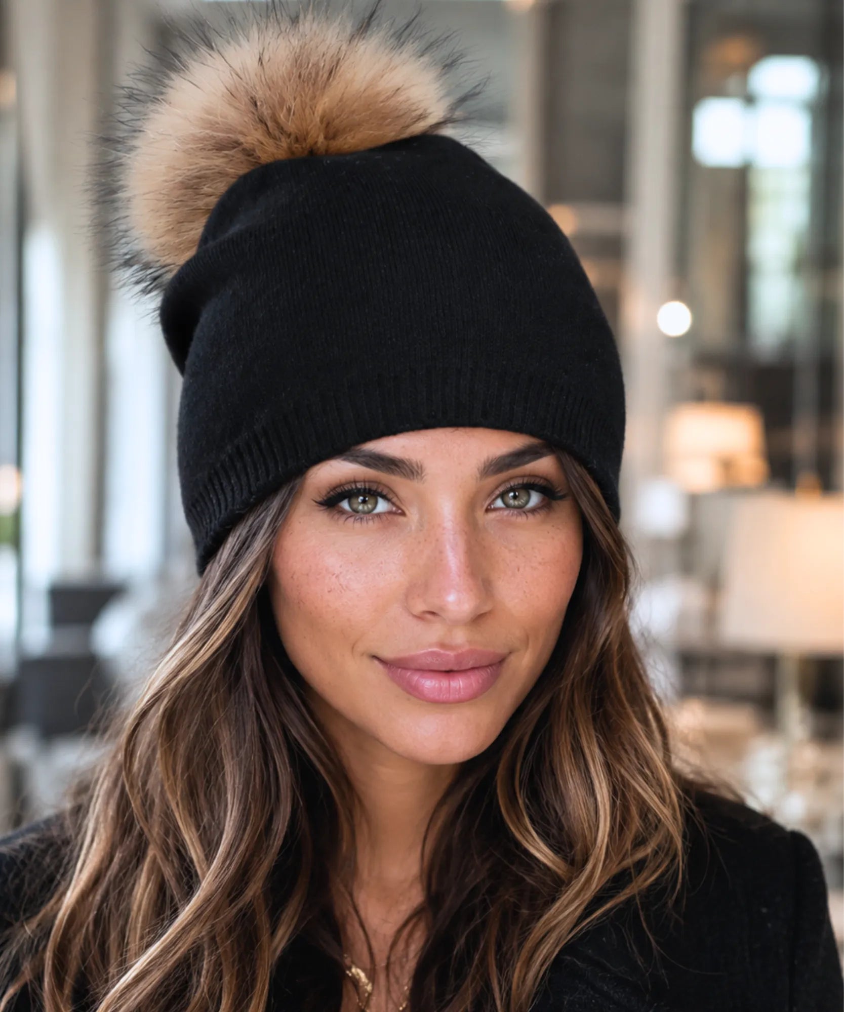 Comprar gorro feminino tricot cashmere pompom pelo removível dupla camada touca inverno frio em promoção ANELLIMN
