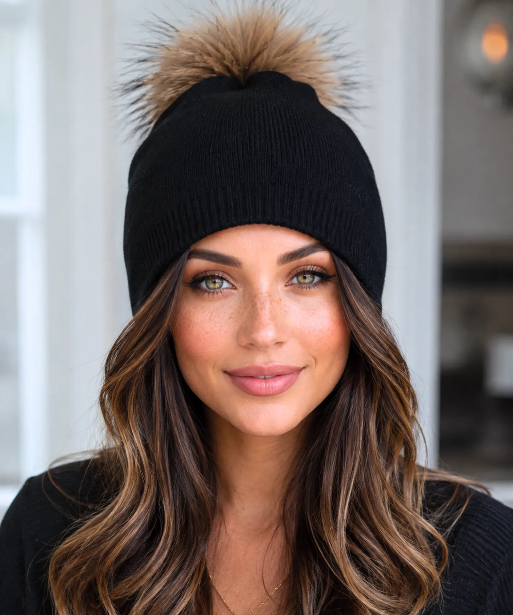 Comprar gorro feminino tricot cashmere pompom pelo removível dupla camada touca inverno frio em promoção ANELLIMN