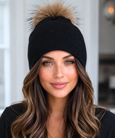 Comprar gorro feminino tricot cashmere pompom pelo removível dupla camada touca inverno frio em promoção ANELLIMN