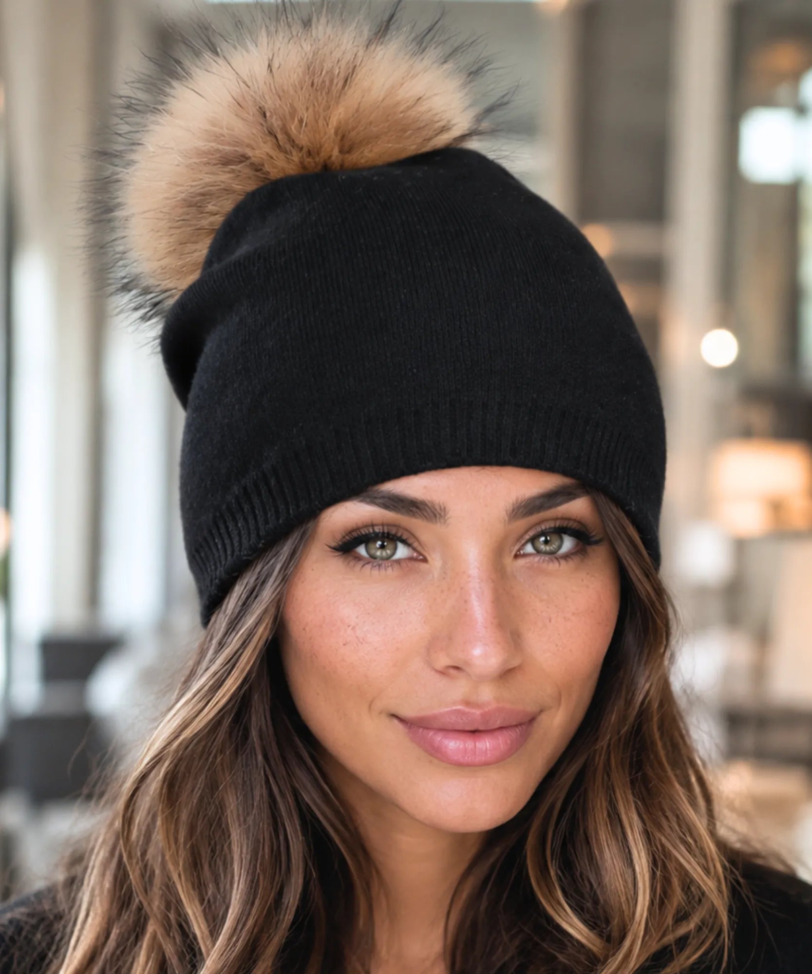 Comprar gorro feminino tricot cashmere pompom pelo removível dupla camada touca inverno frio em promoção ANELLIMN