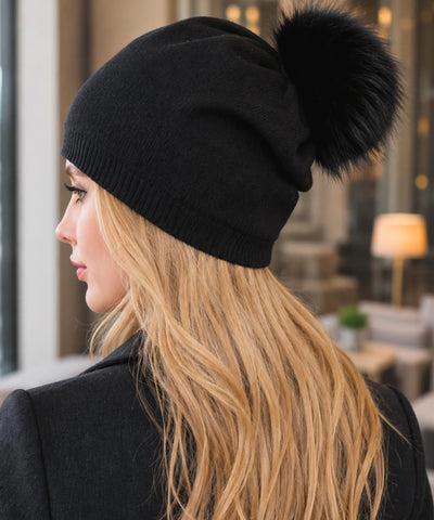Comprar gorro feminino tricot cashmere pompom pelo removível dupla camada touca inverno frio em promoção ANELLIMN