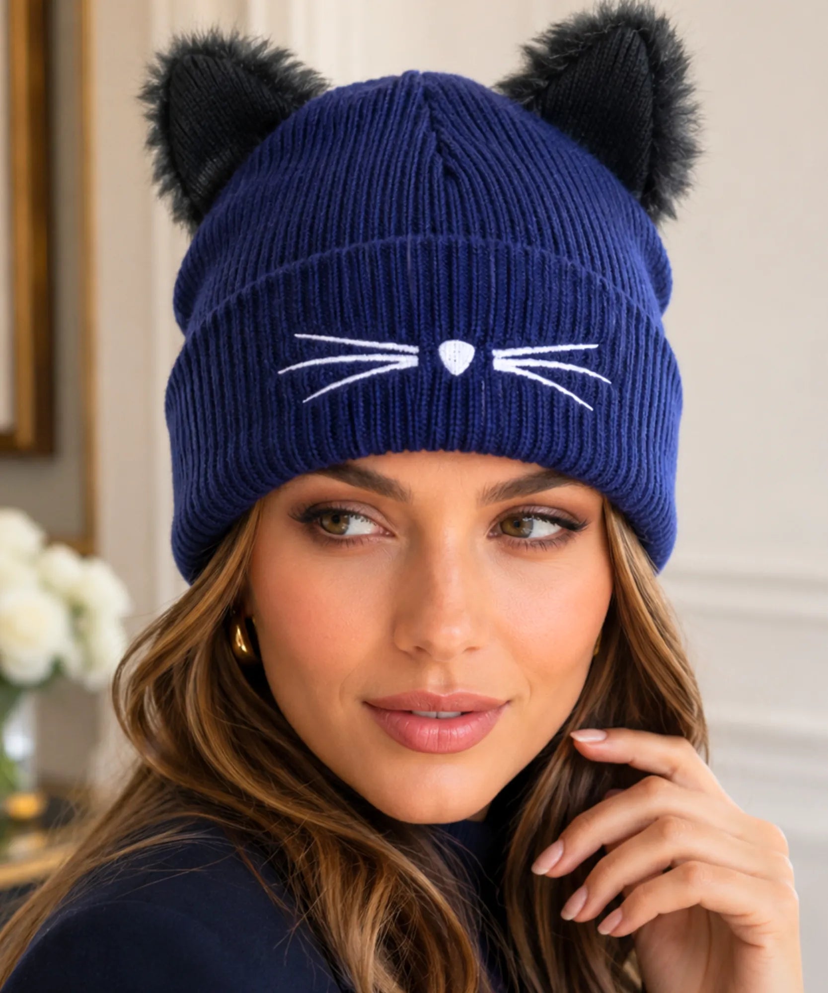 Comprar gorro feminino tricot orelha de gato pompom pelúcia bordado bigode canelado inverno fofo barato ANELLIMN