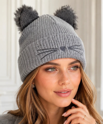 Comprar gorro feminino tricot orelha de gato pompom pelúcia bordado bigode canelado inverno fofo barato ANELLIMN