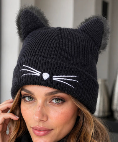 Comprar gorro feminino tricot orelha de gato pompom pelúcia bordado bigode canelado inverno fofo barato ANELLIMN