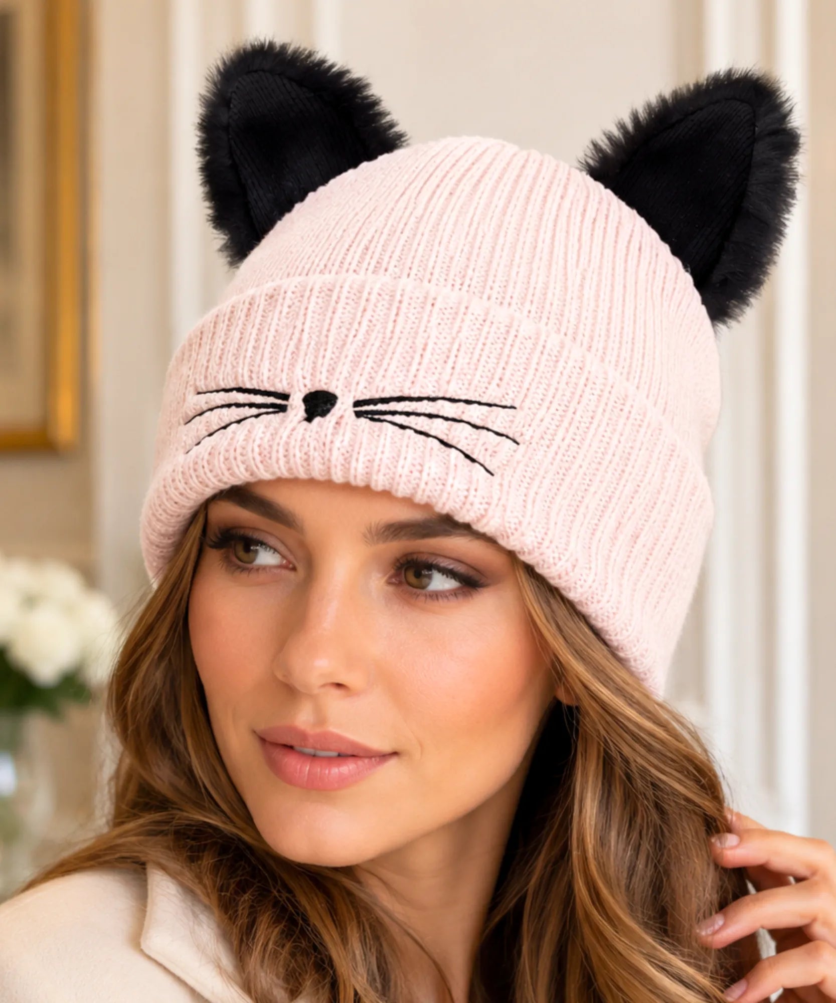 Comprar gorro feminino tricot orelha de gato pompom pelúcia bordado bigode canelado inverno fofo barato ANELLIMN