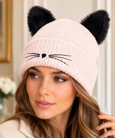 Comprar gorro feminino tricot orelha de gato pompom pelúcia bordado bigode canelado inverno fofo barato ANELLIMN