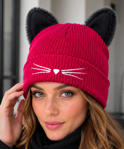 Comprar gorro feminino tricot orelha de gato pompom pelúcia bordado bigode canelado inverno fofo barato ANELLIMN