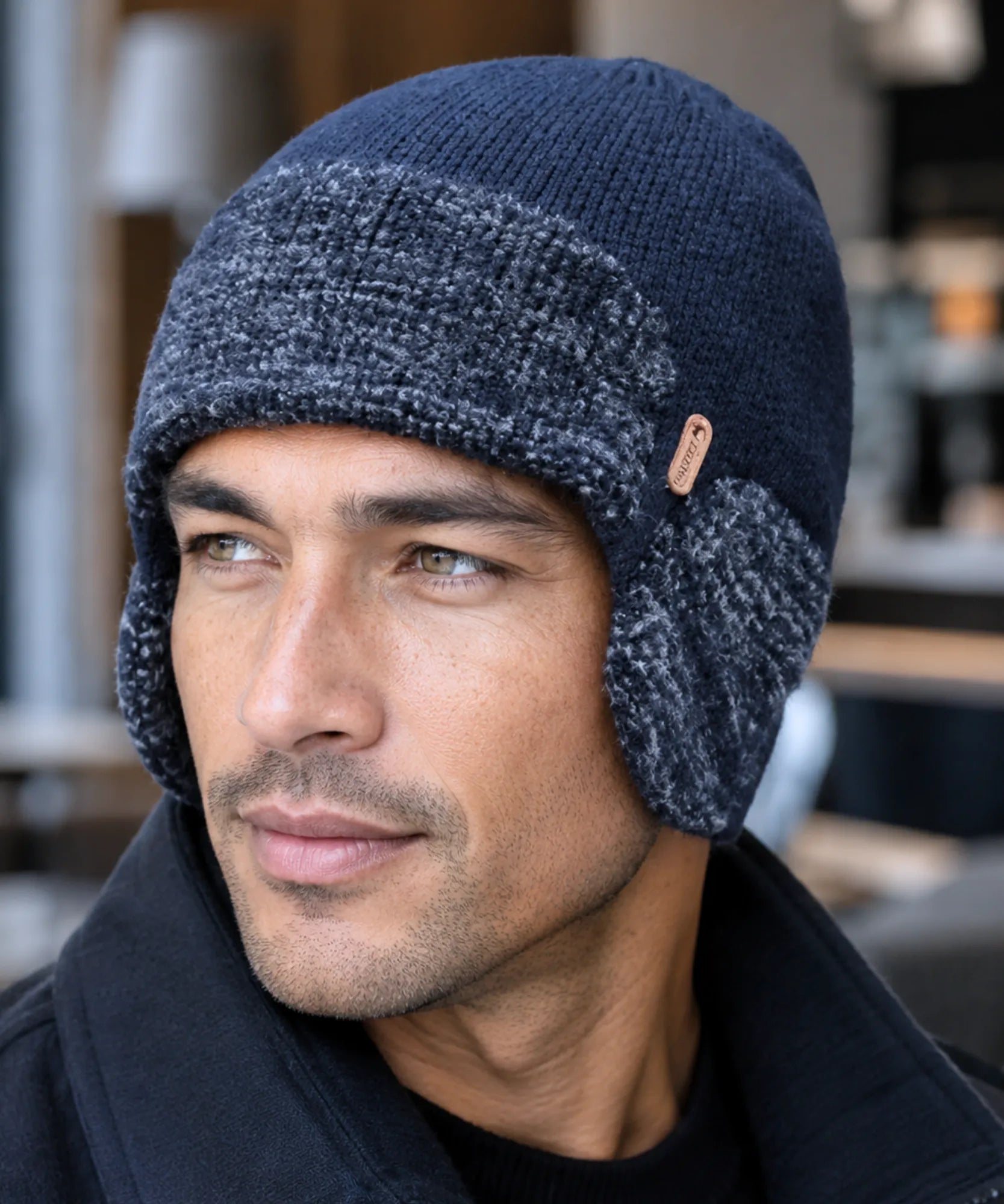 Comprar gorro masculino tricô com protetor de orelha integrado térmico texturizado inverno barato promoção Anellimn