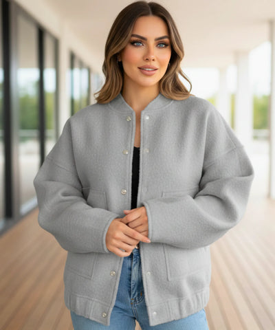 Jaqueta Bomber Feminina de Lã Batida Bouclê  Oversized  Casual  | Leone