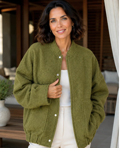 Comprar Jaqueta Bomber Feminina de Lã Batida Bouclê Oversized térmica aquecimento natural inverno em promoção ANELLIMN