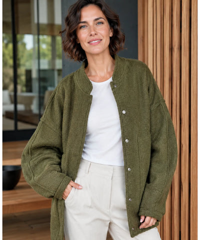 Comprar Jaqueta Bomber Feminina de Lã Batida Bouclê Oversized térmica aquecimento natural inverno em promoção ANELLIMN