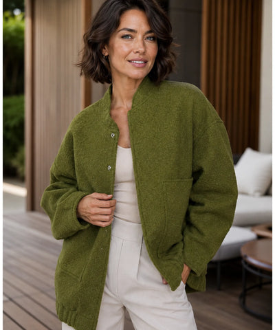 Comprar Jaqueta Bomber Feminina de Lã Batida Bouclê Oversized térmica aquecimento natural inverno em promoção ANELLIMN