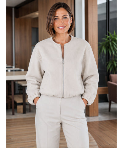 Comprar jaqueta bomber feminina lã cropped mangas bufantes zíper frontal bolsos duplos barata e promoção ANELLIMN