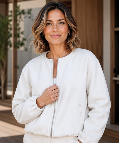 Comprar jaqueta bomber feminina lã cropped mangas bufantes zíper frontal bolsos duplos barata e promoção ANELLIMN