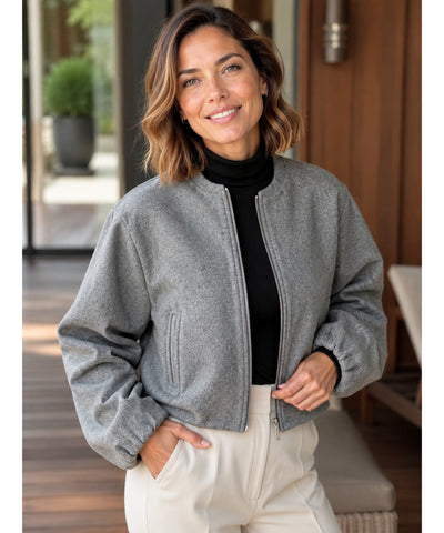 Comprar jaqueta bomber feminina lã cropped mangas bufantes zíper frontal bolsos duplos barata e promoção ANELLIMN