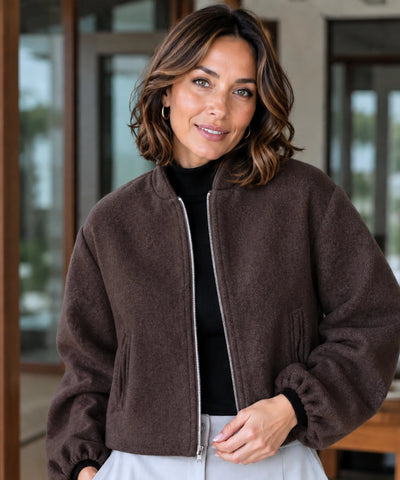 Comprar jaqueta bomber feminina lã cropped mangas bufantes zíper frontal bolsos duplos barata e promoção ANELLIMN