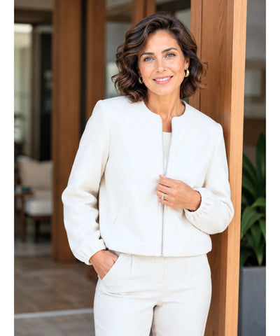 Comprar jaqueta bomber feminina lã cropped mangas bufantes zíper frontal bolsos duplos barata e promoção ANELLIMN
