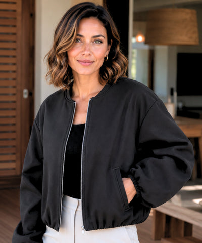 Comprar jaqueta bomber feminina lã cropped mangas bufantes zíper frontal bolsos duplos barata e promoção ANELLIMN