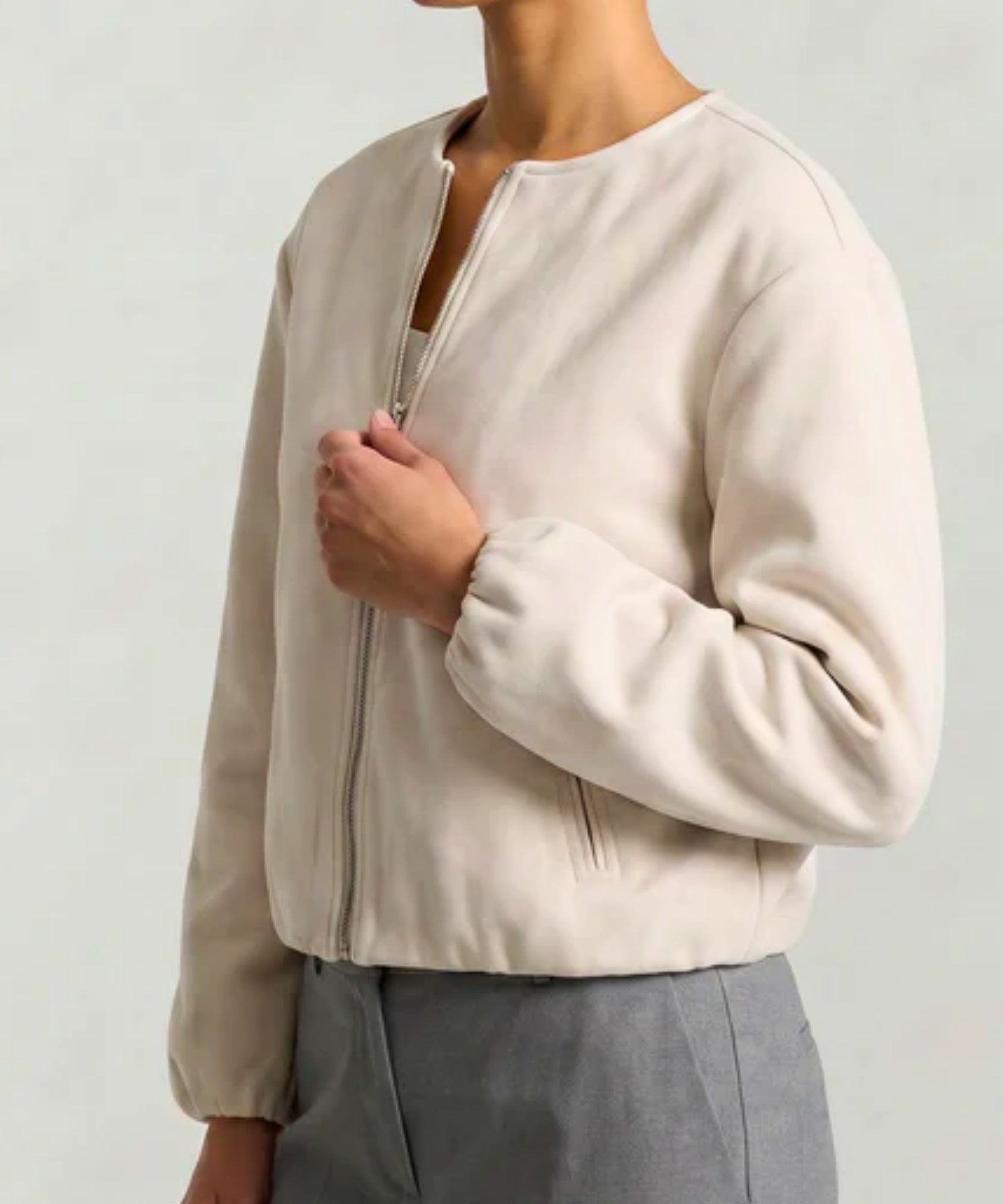 Comprar jaqueta bomber feminina lã cropped mangas bufantes zíper frontal bolsos duplos barata e promoção ANELLIMN