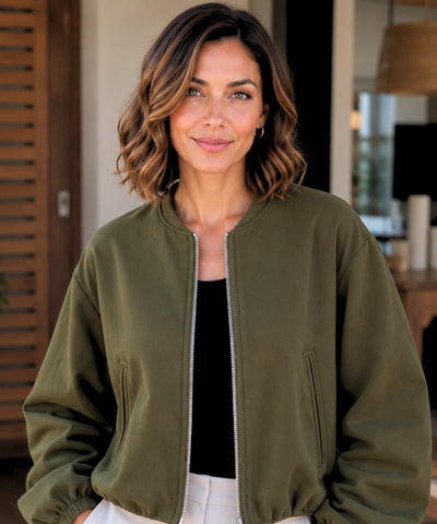 Comprar jaqueta bomber feminina lã cropped mangas bufantes zíper frontal bolsos duplos barata e promoção ANELLIMN