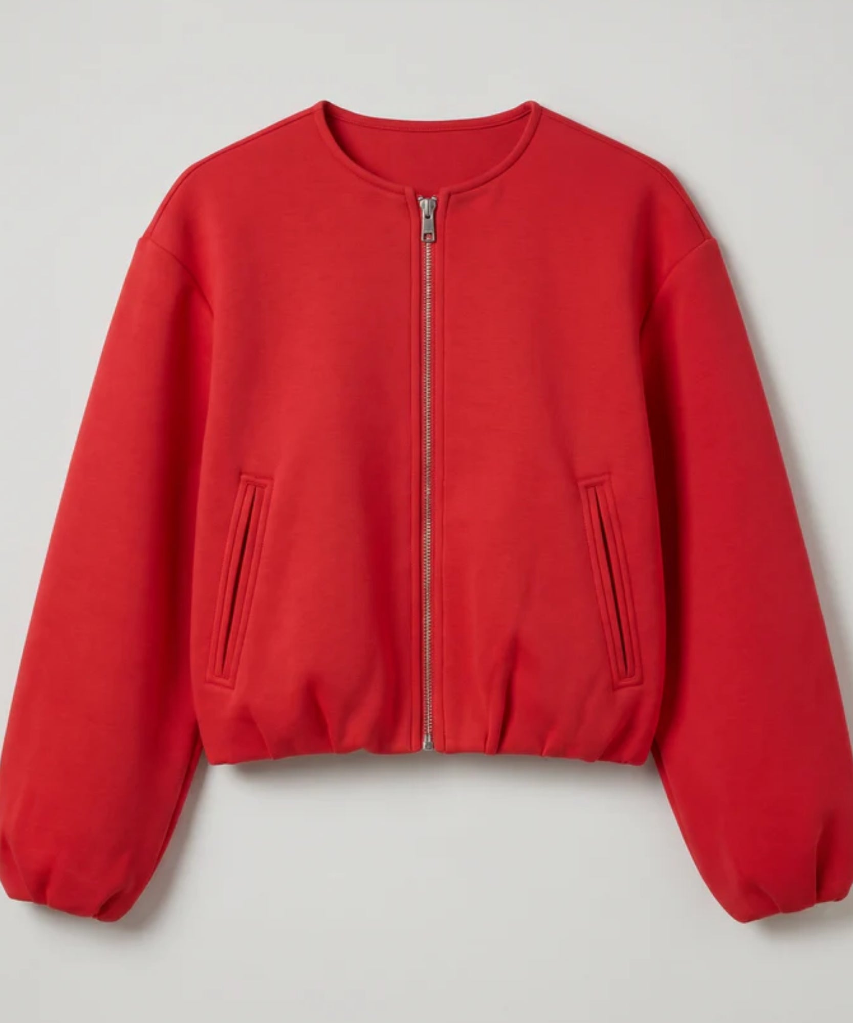 Comprar jaqueta bomber feminina lã cropped mangas bufantes zíper frontal bolsos duplos barata e promoção ANELLIMN