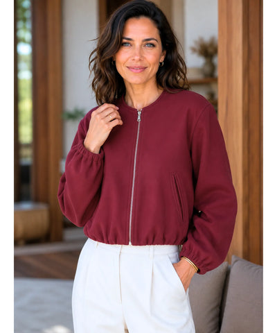 Comprar jaqueta bomber feminina lã cropped mangas bufantes zíper frontal bolsos duplos barata e promoção ANELLIMN