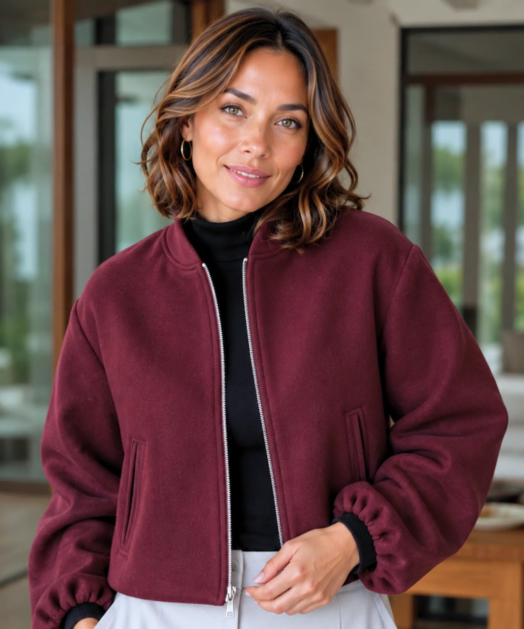 Comprar jaqueta bomber feminina lã cropped mangas bufantes zíper frontal bolsos duplos barata e promoção ANELLIMN