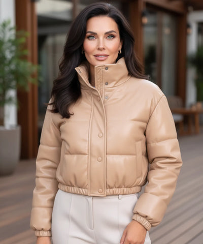 Comprar jaqueta bomber feminina puffer de couro sintético cropped com gola alta para inverno em promoção ZARA