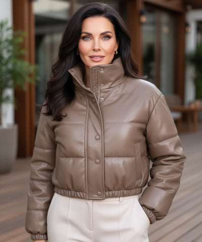 Comprar jaqueta bomber feminina puffer de couro sintético cropped com gola alta para inverno em promoção ZARA