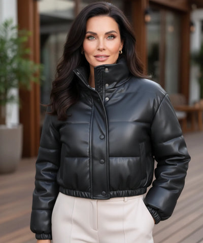 Comprar jaqueta bomber feminina puffer de couro sintético cropped com gola alta para inverno em promoção ZARA