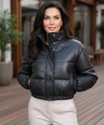 Comprar jaqueta bomber feminina puffer de couro sintético cropped com gola alta para inverno em promoção ZARA