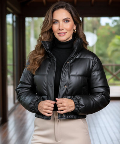 Comprar jaqueta bomber feminina puffer de couro sintético cropped com gola alta para inverno em promoção ZARA