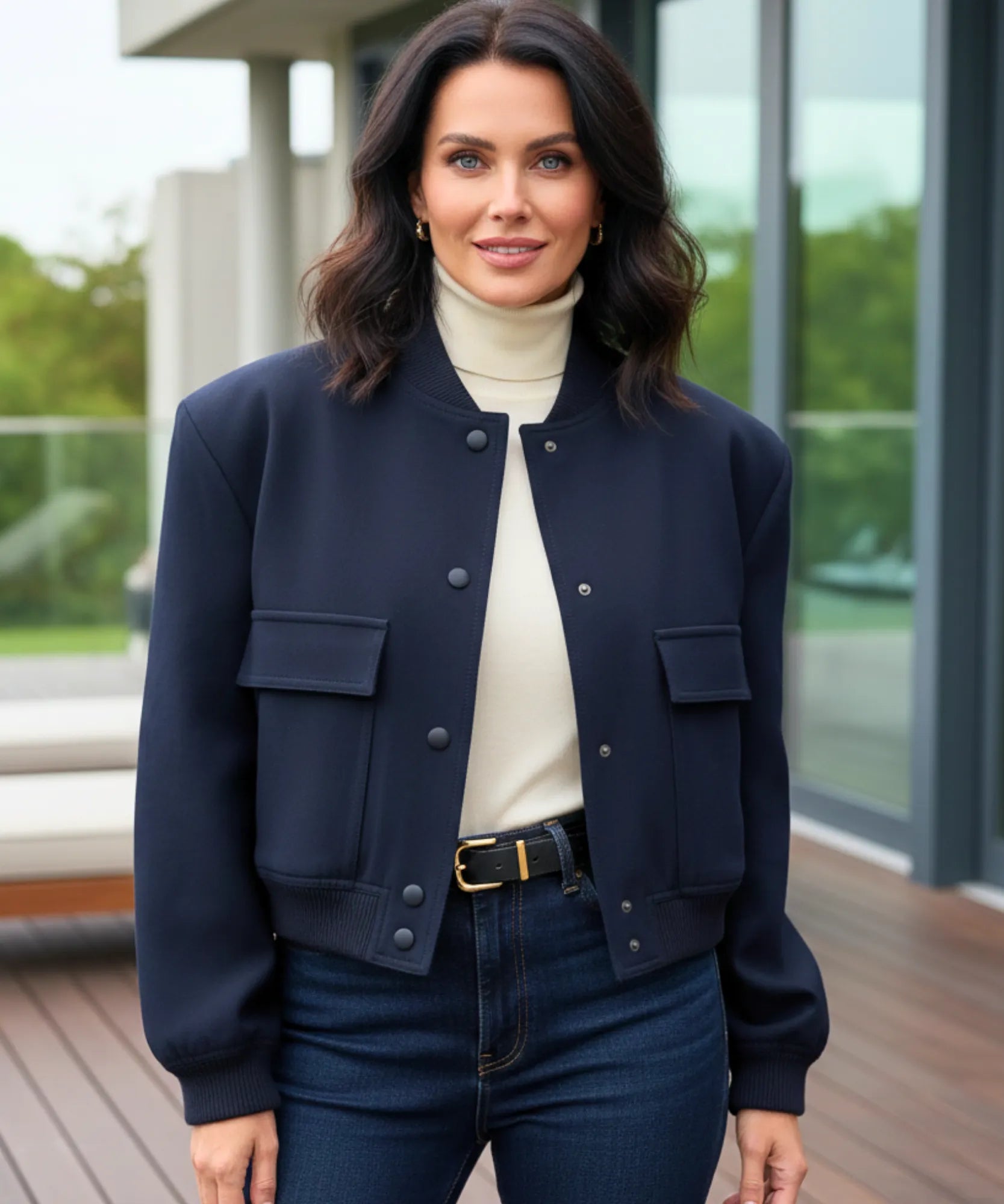 Comprar Jaqueta Bomber Feminina Sarja Premium com Gola Canelada e Botões Pressão Casual Urbana barata em promoção ZARA