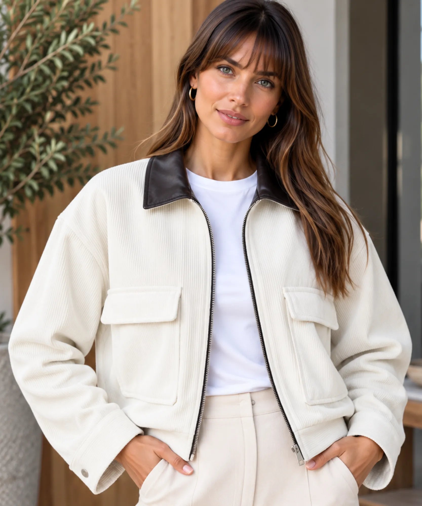 Jaqueta cotelê feminina off white com gola de couro