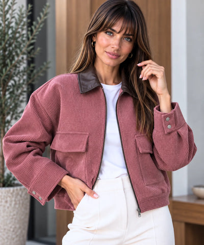 Comprar jaqueta cotelê feminina rosé com gola de couro em promoção Anellimn