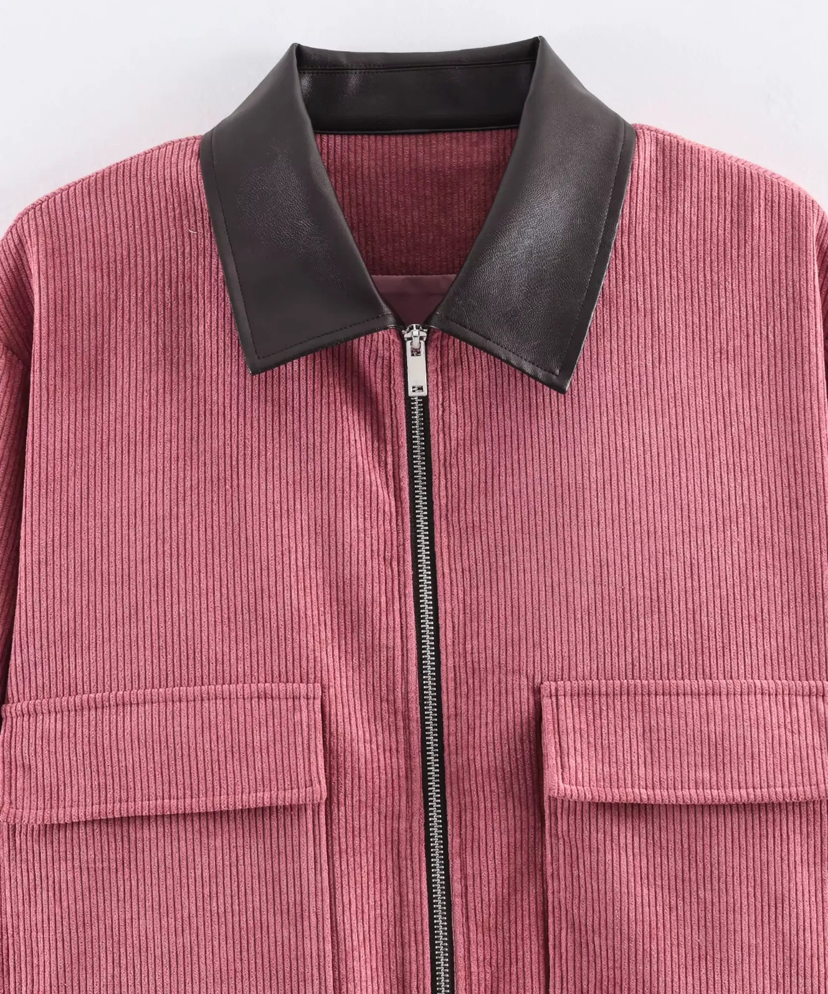 Comprar jaqueta cotelê feminina com zíper e gola de couro em promoção Anellimn