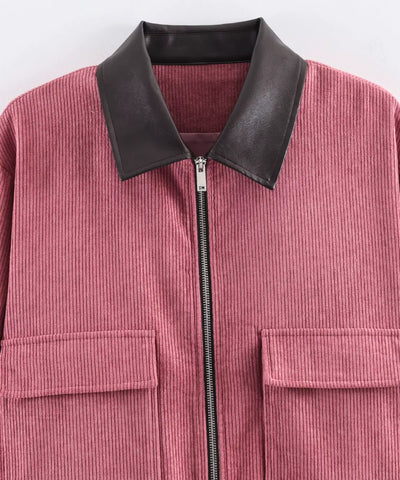 Comprar jaqueta cotelê feminina com zíper e gola de couro em promoção Anellimn