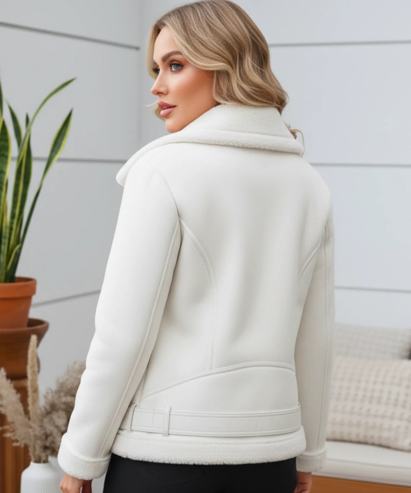 Comprar jaqueta de couro feminina com forro peluciado e zíper lateral para looks sofisticados e quentes no inverno barato ANELLIMN