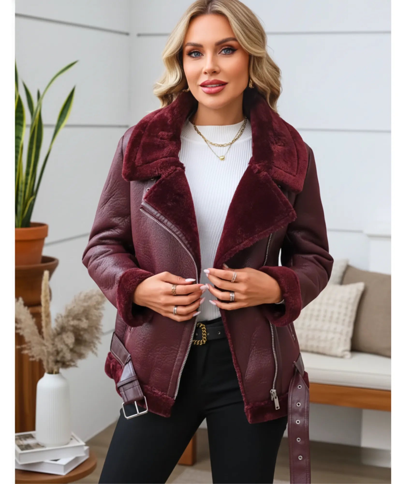 Comprar jaqueta de couro feminina com forro peluciado e zíper lateral para looks sofisticados e quentes no inverno barato ANELLIMN