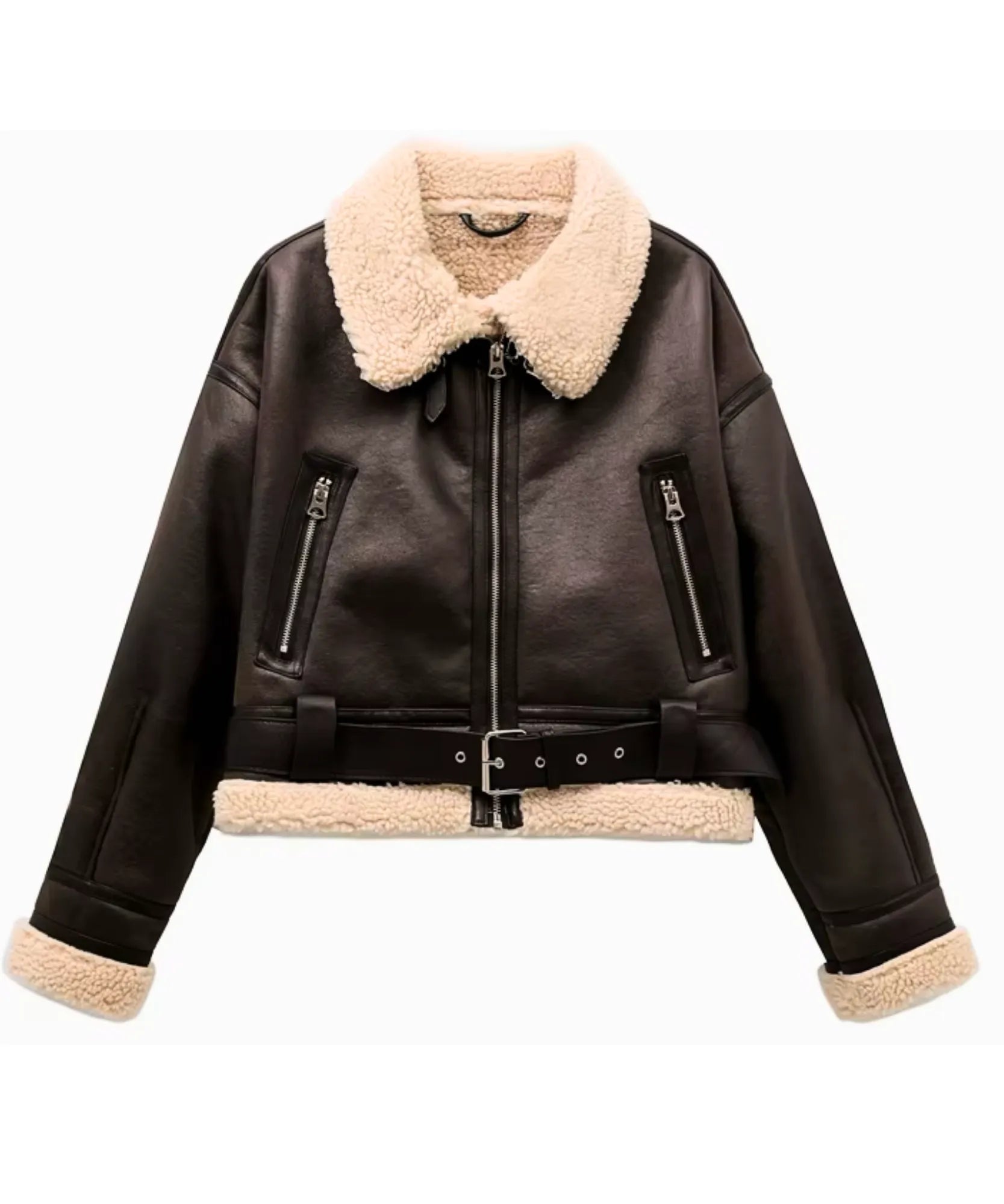 Comprar jaqueta de couro feminina com forro pelinho gola alta motociclista inverno em promoção ZARA