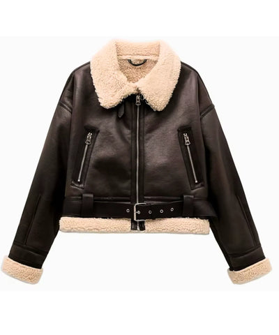 Comprar jaqueta de couro feminina com forro pelinho gola alta motociclista inverno em promoção ZARA