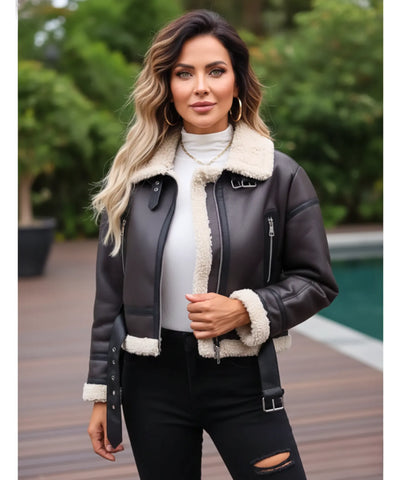 Comprar jaqueta de couro feminina com forro pelinho gola alta motociclista inverno em promoção ZARA