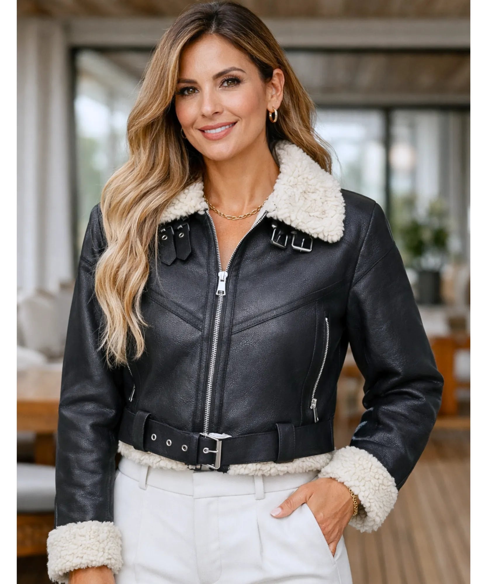 Comprar jaqueta de couro feminina com forro pelinho gola alta motociclista inverno em promoção ZARA