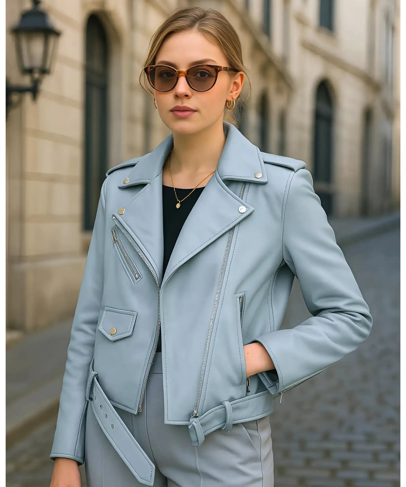 Comprar jaqueta de couro feminina azul motoqueiro premium genuíno zíperes múltiplos em promoção ZARA