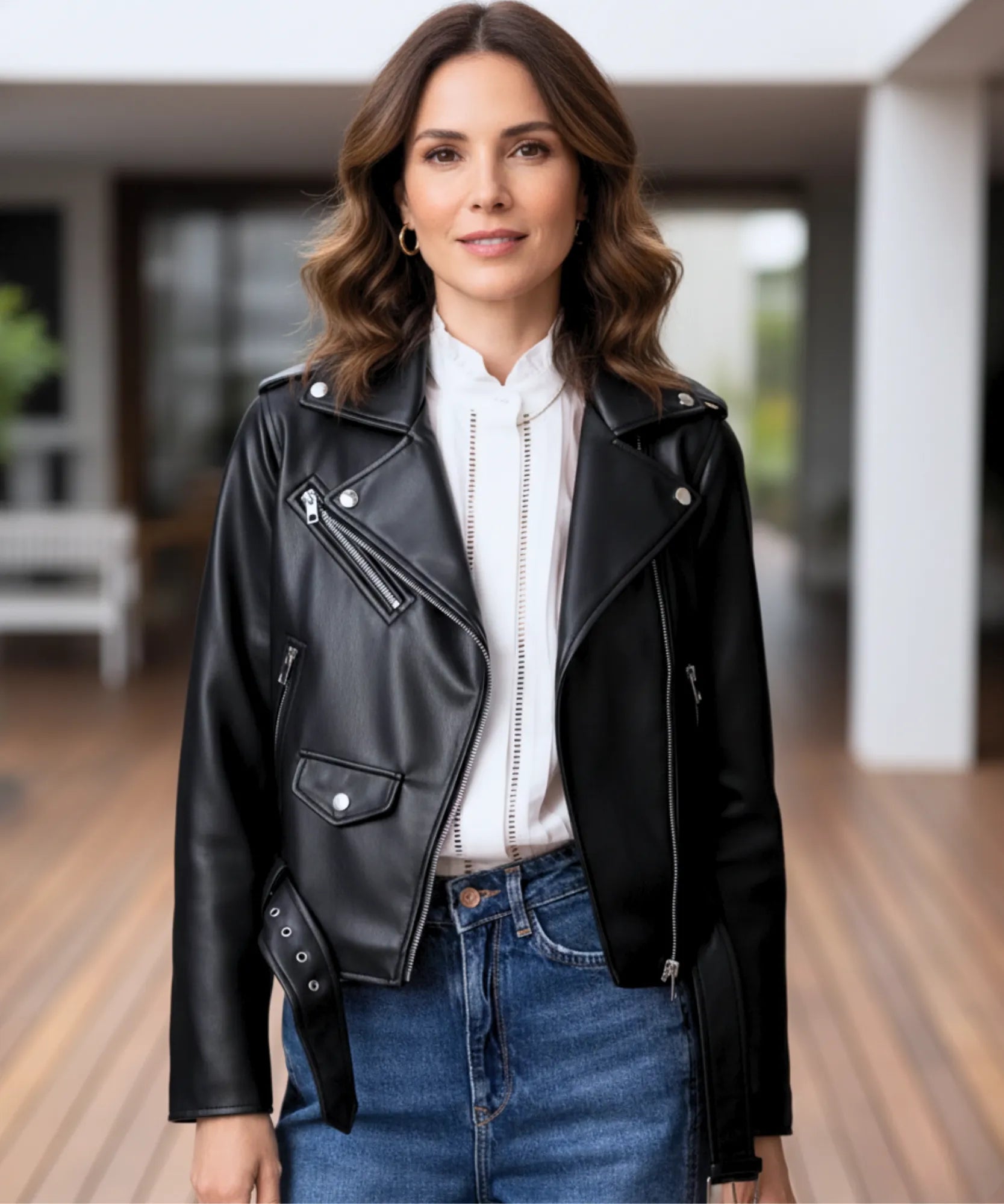 Comprar jaqueta de couro feminina motoqueiro premium genuíno zíperes múltiplos em promoção ZARA