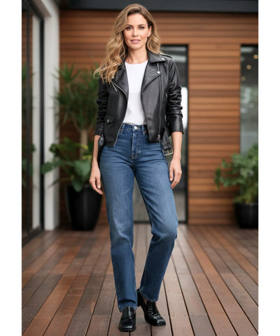 Comprar jaqueta de couro feminina motoqueiro premium genuíno zíperes múltiplos em promoção ZARA