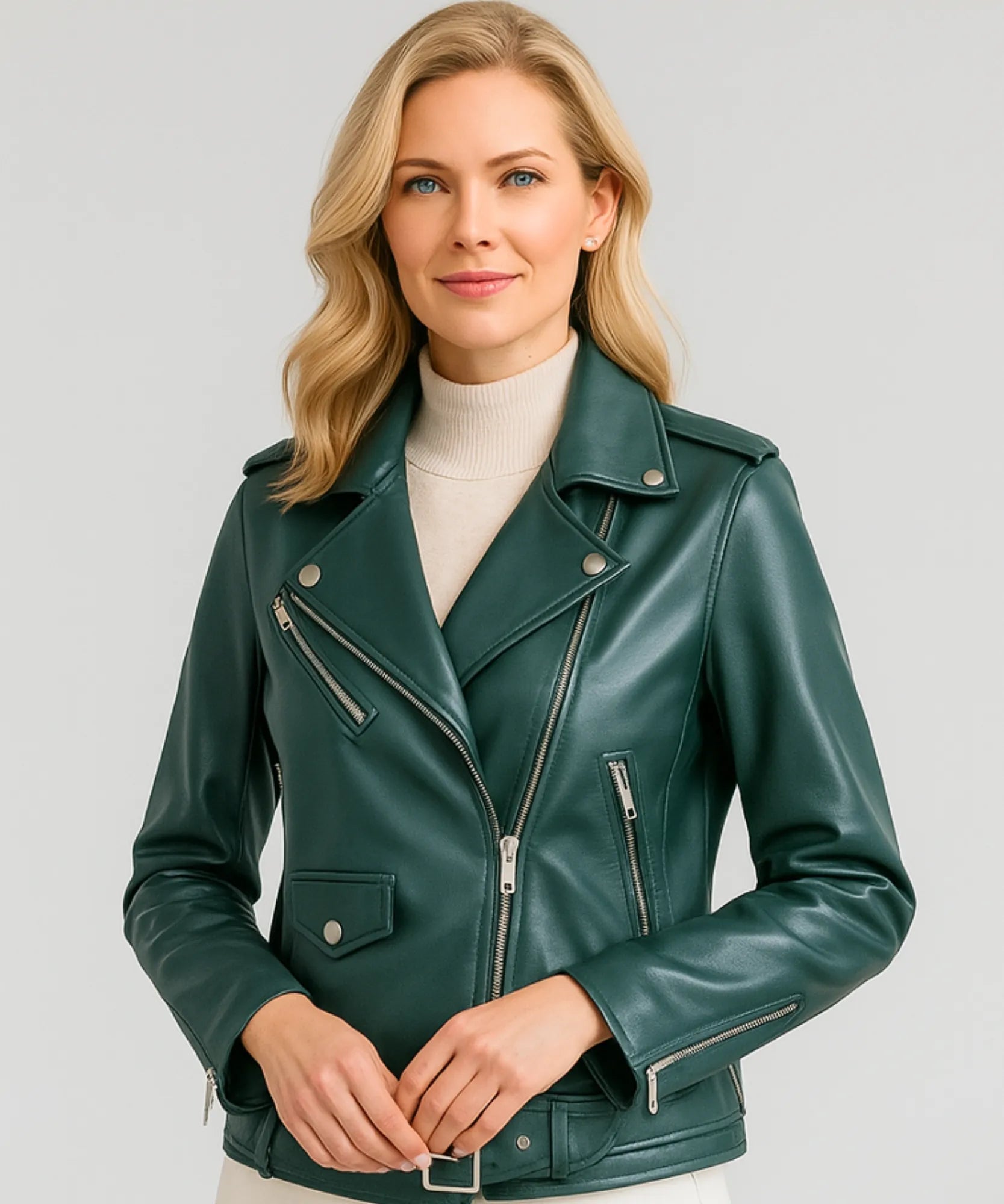 Comprar jaqueta de couro feminina verde motoqueiro premium genuíno zíperes múltiplos em promoção ZARA