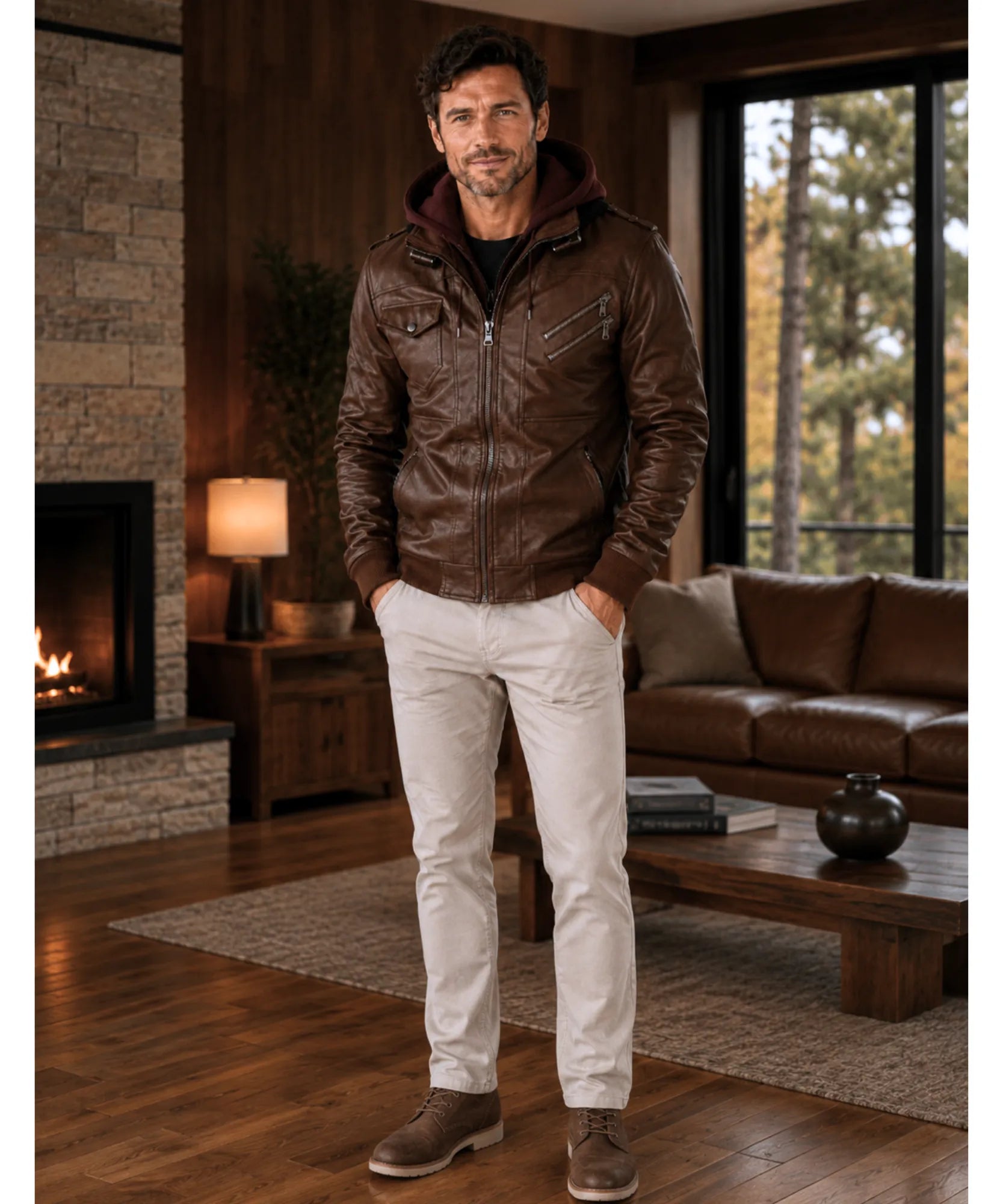 Comprar jaqueta de couro masculina com capuz bomber resistente duplo zíper inverno motoqueiro em promoção ANELLIMN
