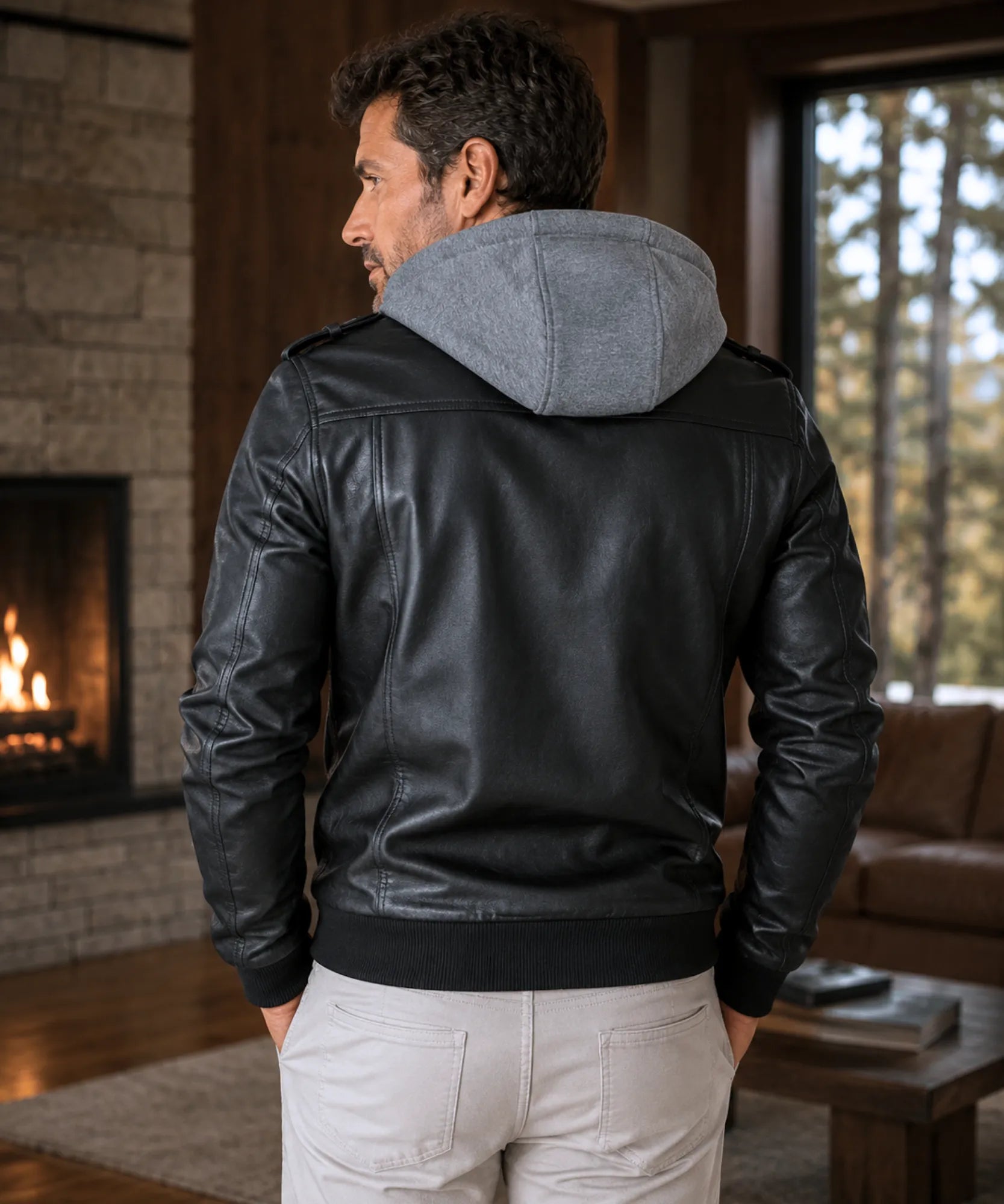 Comprar jaqueta de couro masculina com capuz bomber resistente duplo zíper inverno motoqueiro em promoção ANELLIMN