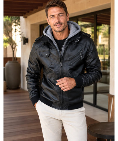 Comprar jaqueta de couro masculina com capuz bomber resistente duplo zíper inverno motoqueiro em promoção ANELLIMN